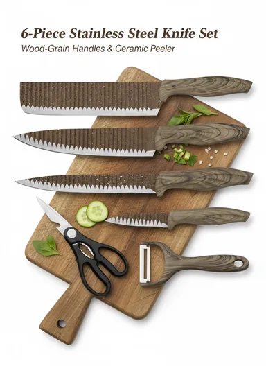 6-Pieces Stainless Steel Knife Set with Wood-Grain Handles &amp; Ceramic Peeler – Brown