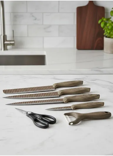 6-Pieces Stainless Steel Knife Set with Wood-Grain Handles &amp; Ceramic Peeler – Brown