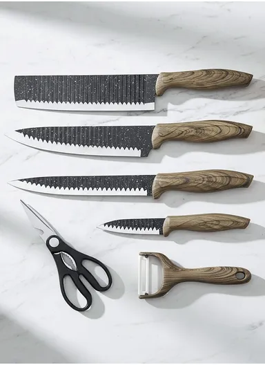 6-Pieces Stainless Steel Knife Set with Wood-Grain Handles &amp; Ceramic Peeler – Black