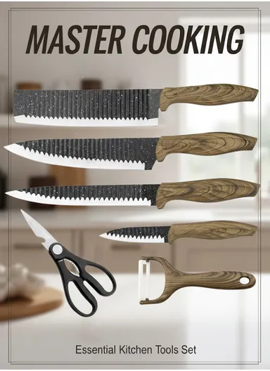 6-Pieces Stainless Steel Knife Set with Wood-Grain Handles &amp; Ceramic Peeler – Black