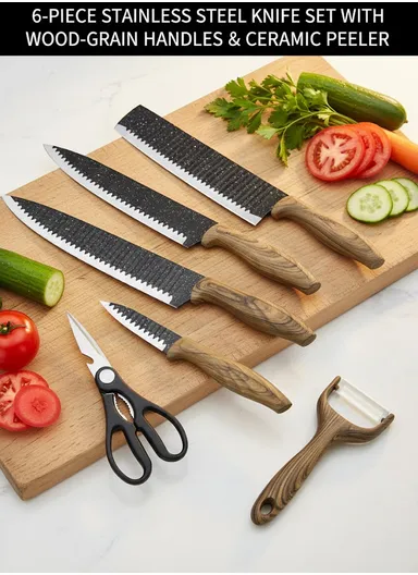 6-Pieces Stainless Steel Knife Set with Wood-Grain Handles &amp; Ceramic Peeler – Black
