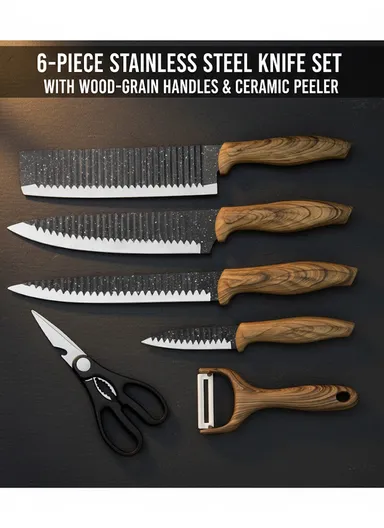 6-Pieces Stainless Steel Knife Set with Wood-Grain Handles &amp; Ceramic Peeler – Black