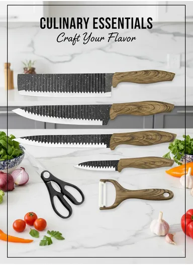 6-Pieces Stainless Steel Knife Set with Wood-Grain Handles &amp; Ceramic Peeler – Black