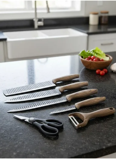 6-Pieces Stainless Steel Knife Set with Wood-Grain Handles &amp; Ceramic Peeler – Black