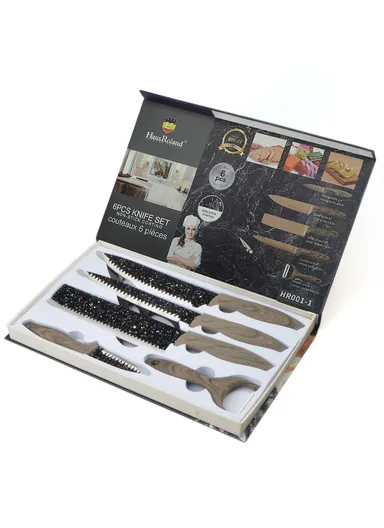 6-Pieces Stainless Steel Knife Set with Wood-Grain Handles &amp; Ceramic Peeler – Black