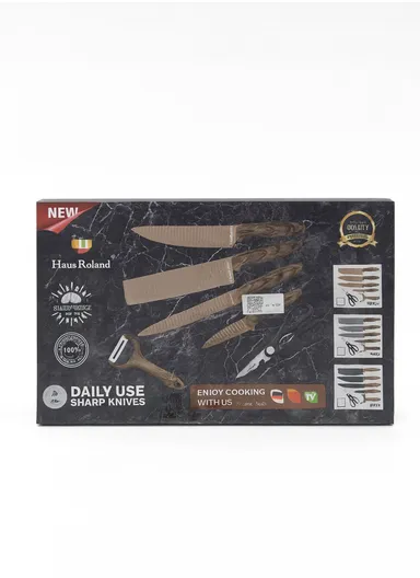 6-Pieces Stainless Steel Knife Set with Wood-Grain Handles &amp; Ceramic Peeler – Black