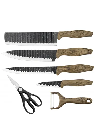 6-Pieces Stainless Steel Knife Set with Wood-Grain Handles &amp; Ceramic Peeler – Black