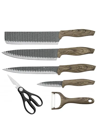 6-Pieces Stainless Steel Knife Set with Wood-Grain Handles &amp; Ceramic Peeler – Grey