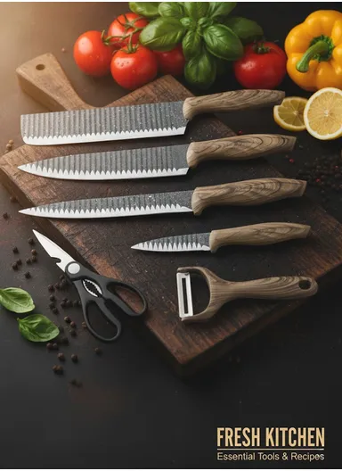 6-Pieces Stainless Steel Knife Set with Wood-Grain Handles &amp; Ceramic Peeler – Grey