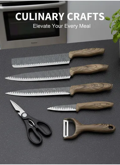 6-Pieces Stainless Steel Knife Set with Wood-Grain Handles &amp; Ceramic Peeler – Grey
