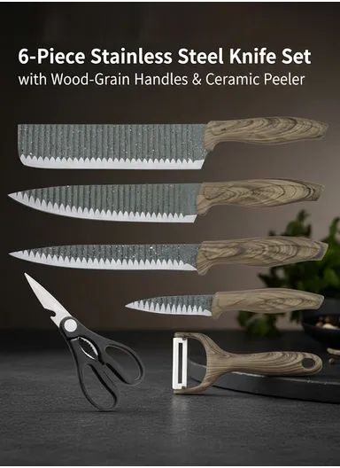 6-Pieces Stainless Steel Knife Set with Wood-Grain Handles &amp; Ceramic Peeler – Grey