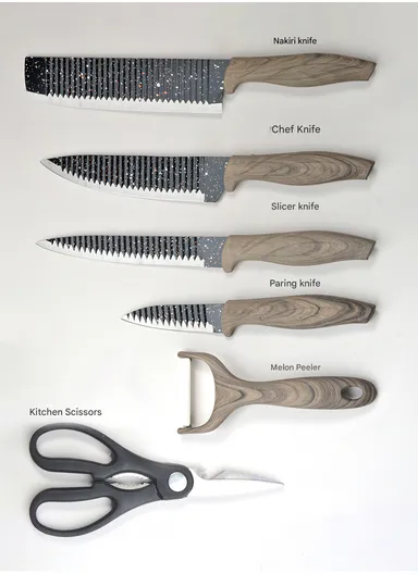 6-Pieces Stainless Steel Knife Set with Wood-Grain Handles &amp; Ceramic Peeler – Grey
