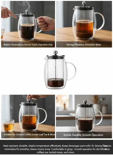 600ML Double-Wall Glass Press Coffee Maker (D12 x H18)cm