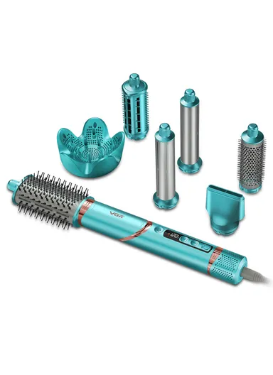 7 Pcs 1400W Salon-Grade Hot Air Brush with 12 Custom Modes &amp; 90° Foldable Handle V-474 - Turquoise