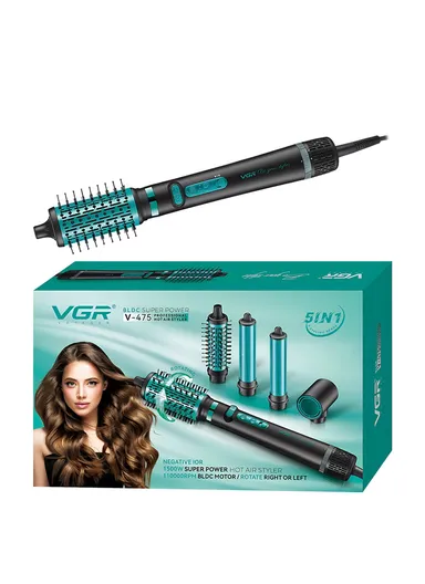 5-in-1 Professional  Hot Air Brush with 1500W BLDC Motor, Ionic Technology &amp; 5 Styling Attachments V-475 - Green