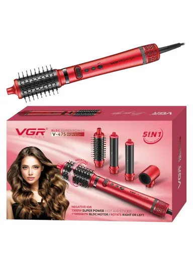 5-in-1 Professional  Hot Air Brush with 1500W BLDC Motor, Ionic Technology &amp; 5 Styling Attachments V-475 - Red
