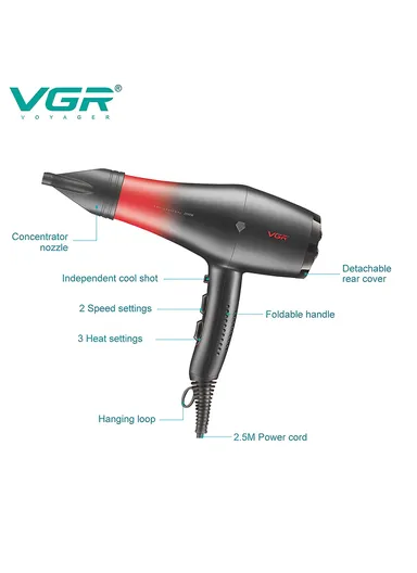 2200-2600W Professional Ionic Salon Hair Dryer with Diffuser, Concentrator &amp; Cool Shot V-462
