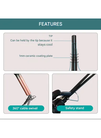 32W Professional Hair Curler with 10mm Ceramic Barrel, LED Temp Control &amp; 30 Min Auto Shut-Off V-573 - Rose Gold