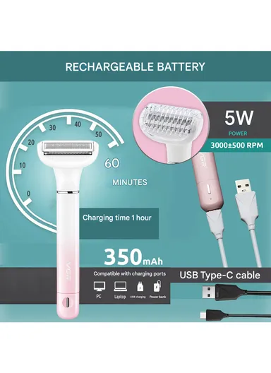 3-in-1 Professional Lady Shaver Set, IPX5 Waterproof, USB Type-C, Body, Face &amp; Eyebrows Trimmer V-611