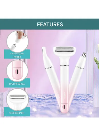 3-in-1 Professional Lady Shaver Set, IPX5 Waterproof, USB Type-C, Body, Face &amp; Eyebrows Trimmer V-611