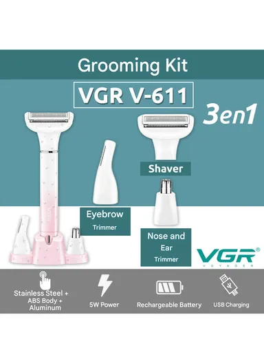 3-in-1 Professional Lady Shaver Set, IPX5 Waterproof, USB Type-C, Body, Face &amp; Eyebrows Trimmer V-611