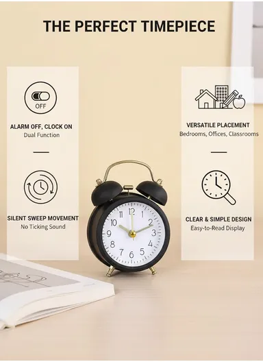Metal Twin-Bell Alarm Clock with Silent Ticking Movement &amp; Loud Wake-Up Ring – Black