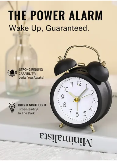 Metal Twin-Bell Alarm Clock with Silent Ticking Movement &amp; Loud Wake-Up Ring – Black