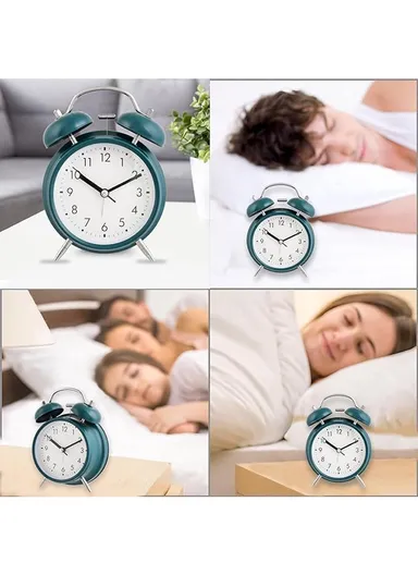 Metal Twin-Bell Alarm Clock with Silent Ticking Movement &amp; Loud Wake-Up Ring – Blue