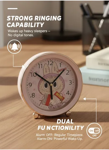 Cartoon Labubu Alarm Clock with Clear Ticking Movement &amp; Loud Wake-Up Ring – Pink