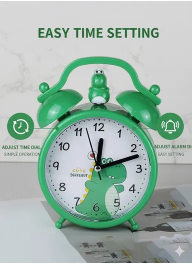 Cute Dinosaur Alarm Clock with Clear Ticking Movement, Simple Switch-Off, Battery Operated &amp; Non-Snooze Kids Alarm TX294 - Green