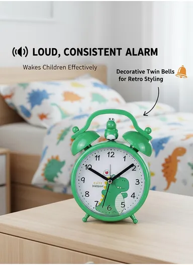 Cute Dinosaur Alarm Clock with Clear Ticking Movement, Simple Switch-Off, Battery Operated &amp; Non-Snooze Kids Alarm TX294 - Green