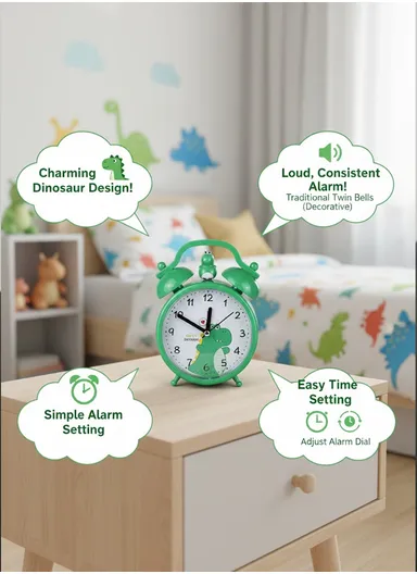 Cute Dinosaur Alarm Clock with Clear Ticking Movement, Simple Switch-Off, Battery Operated &amp; Non-Snooze Kids Alarm TX294 - Green