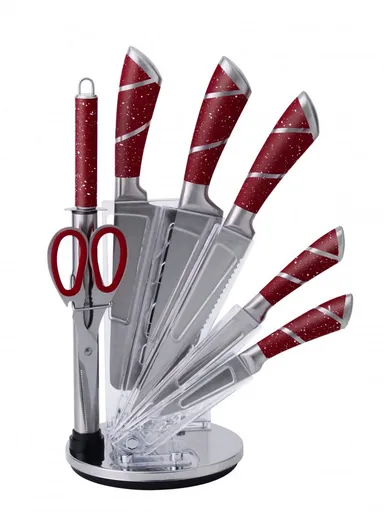 8-Pieces Stainless Steel Knife Block Set with Acrylic Holder (H23 × D15)cm - Red