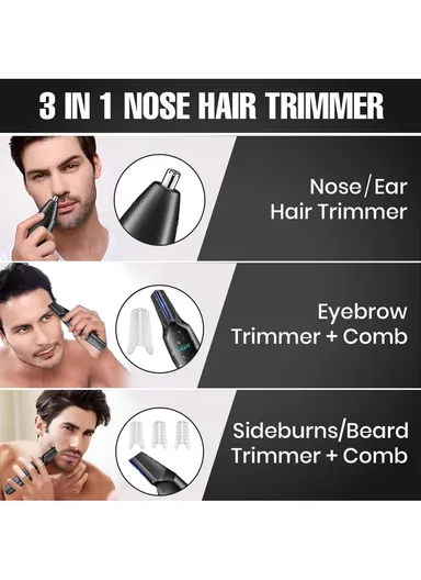 3-in-1 Nose, Ear &amp; Body Hair Trimmer, Rechargeable IPX5 Waterproof Grooming Kit with LED Display V-603