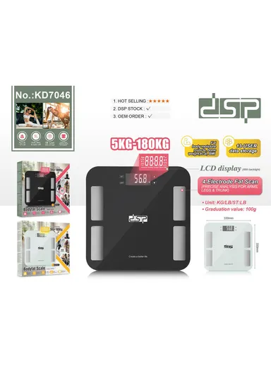 180kg Max Load 6mm Tempered Glass Body Fat Scale High-Precision Digital Body Composition Scale with LCD Display KD7046 – Black