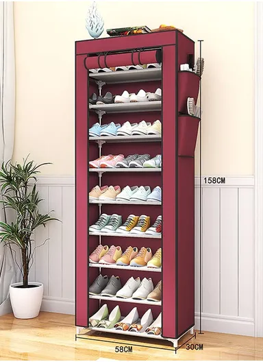9-Tier Vertical Narrow Shoe Rack Organizer Tall Shoe Rack for Closet Entryway Non-Woven Cover Shoe Shelf (W58 x D30 x H158)cm - Win Red