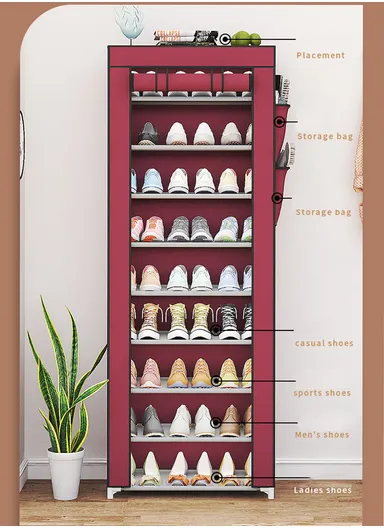 9-Tier Vertical Narrow Shoe Rack Organizer Tall Shoe Rack for Closet Entryway Non-Woven Cover Shoe Shelf (W58 x D30 x H158)cm - Win Red