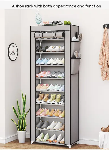 9-Tier Vertical Narrow Shoe Rack Organizer Tall Shoe Rack for Closet Entryway Non-Woven Cover Shoe Shelf (W58 x D30 x H158)cm - Win Red