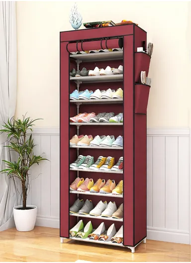 9-Tier Vertical Narrow Shoe Rack Organizer Tall Shoe Rack for Closet Entryway Non-Woven Cover Shoe Shelf (W58 x D30 x H158)cm - Win Red