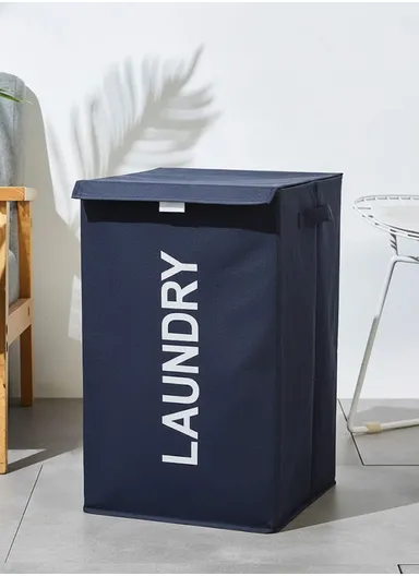 Foldable Laundry Storage Stool with Lid, Large Fabric Clothes Hamper &amp; Organizer with Side Handles (W40 × D29 × H60)cm – Navy