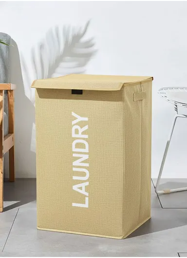 Foldable Laundry Storage Stool with Lid, Large Fabric Clothes Hamper &amp; Organizer with Side Handles (W40 × D29 × H60)cm – Yellow