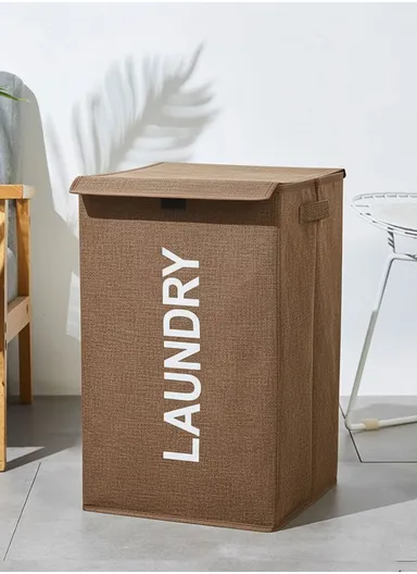 Foldable Laundry Storage Stool with Lid, Large Fabric Clothes Hamper &amp; Organizer with Side Handles (W40 × D29 × H60)cm – Brown