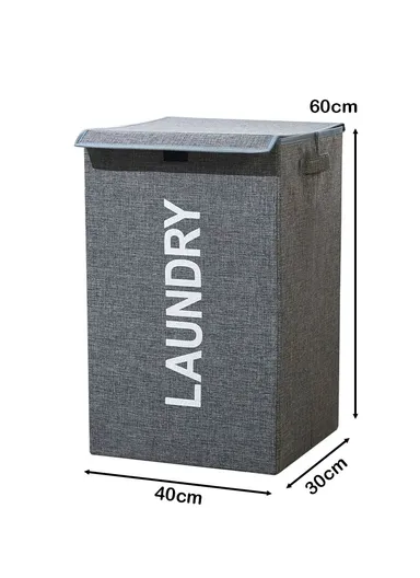 Foldable Laundry Storage Stool with Lid, Large Fabric Clothes Hamper &amp; Organizer with Side Handles (W40 × D29 × H60)cm – Grey