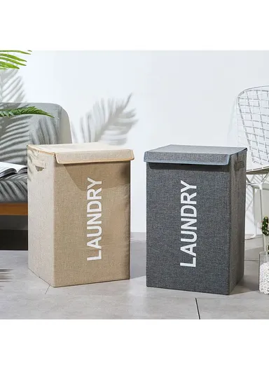 Foldable Laundry Storage Stool with Lid, Large Fabric Clothes Hamper &amp; Organizer with Side Handles (W40 × D29 × H60)cm – Grey