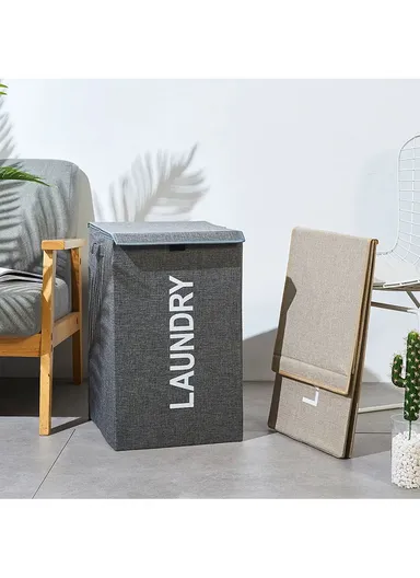 Foldable Laundry Storage Stool with Lid, Large Fabric Clothes Hamper &amp; Organizer with Side Handles (W40 × D29 × H60)cm – Grey