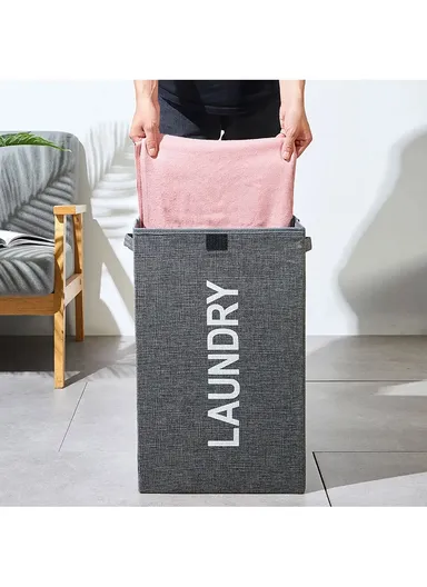 Foldable Laundry Storage Stool with Lid, Large Fabric Clothes Hamper &amp; Organizer with Side Handles (W40 × D29 × H60)cm – Grey