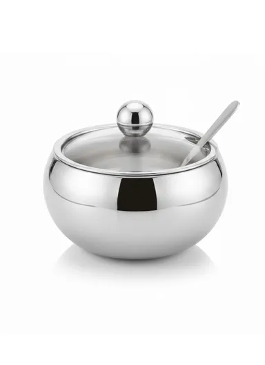 260ml Sugar Bowl with Spoon and Tempered Glass Lid ZD1010 - Silver