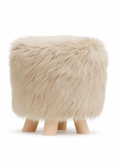 Simple Creative Long Faux Fur Small Stool Portable, Anti-Slip Top &amp; Space-Saving Design (D30 x H32)cm – Cream