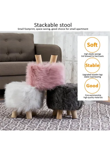 Simple Creative Long Faux Fur Small Stool Portable, Anti-Slip Top &amp; Space-Saving Design (D30 x H32)cm – Cream