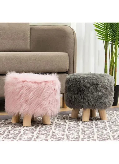 Simple Creative Long Faux Fur Small Stool Portable, Anti-Slip Top &amp; Space-Saving Design (D30 x H32)cm – Cream